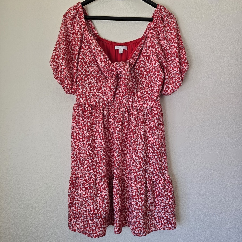 Lauren Conrad Women Sz S Peasant Mini Dress Ditsy Floral Tier Red Boho Tie Front